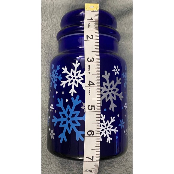 Libbey Cobalt Blue Glass 7" Apothecary Jar Canister & Lid Christmas Snowflakes - Picture 7 of 7